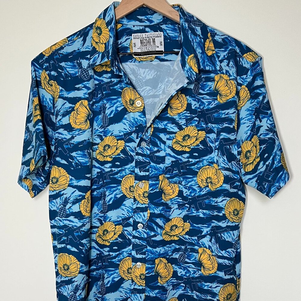 Savage Tacticians Men’s Hawaiian Button Down Shirt – Blue/Yellow – Medium